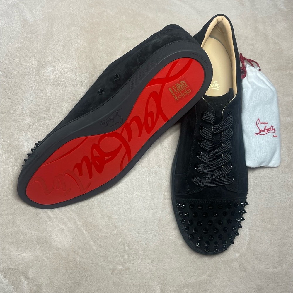 Christian Louboutin Black Suede Spiked Sneakers Vieira spikes flat veau velour - Picture 5 of 7